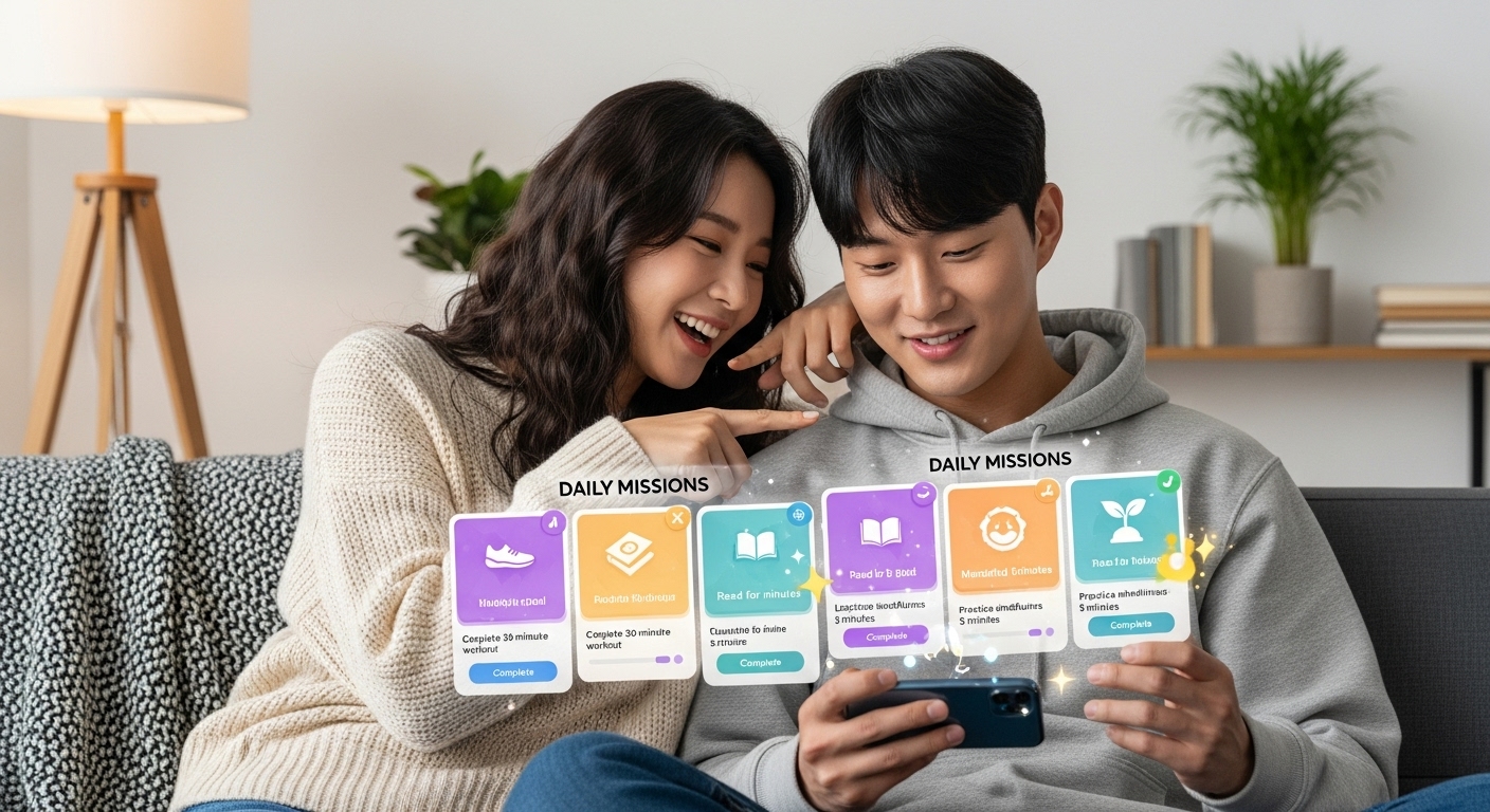 집에서 게이미피케이션 모바일 앱 인터페이스를 사용하는 젊은 남녀가 화면에 표시된 개인 맞춤형 미션 제안을 보는 모습