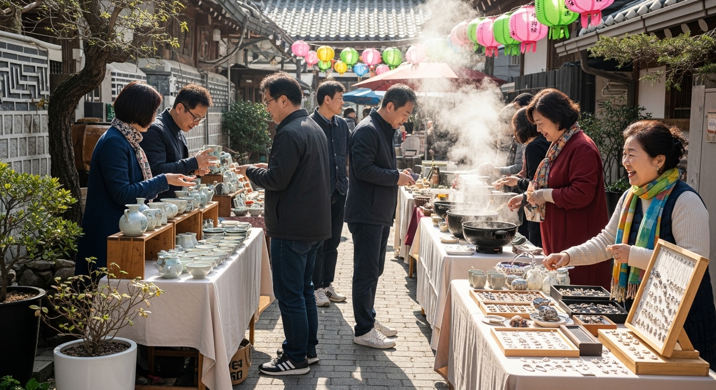 야외 시장 설정에서 지역 상인들과 함께 커뮤니티 이벤트에 참여하는 작은 그룹의 현지 주민들