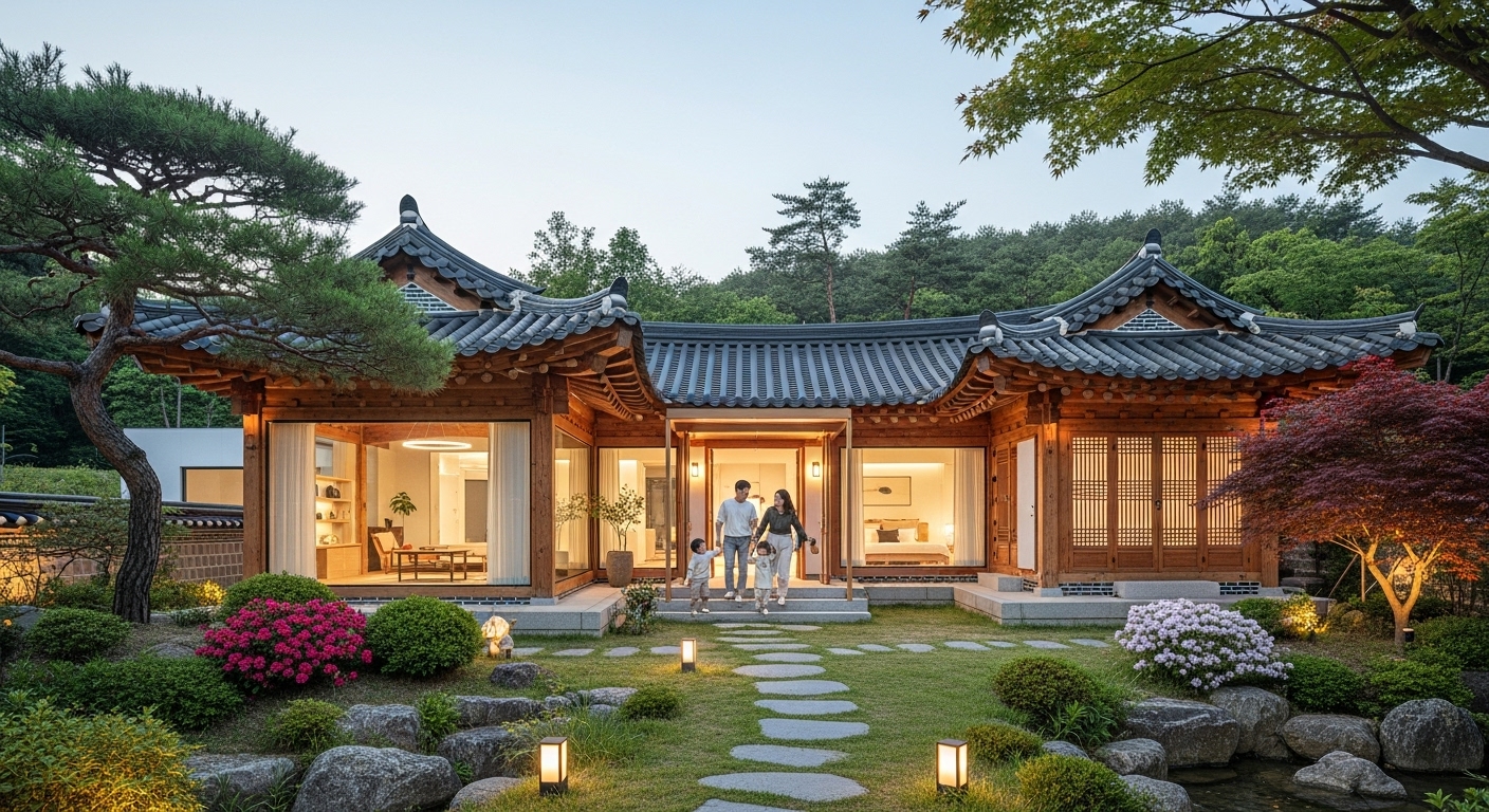 자연 속에 자리 잡은 현대적 편의시설을 갖춘 아름다운 한옥