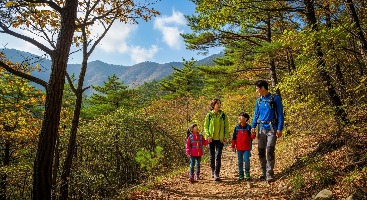 소백산 산책로에서 트레킹을 즐기는 가족
