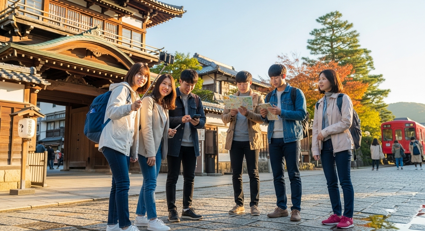 도고온천과 이시테츠 사찰 같은 명소를 방문하는 젊은 한국 여행자들