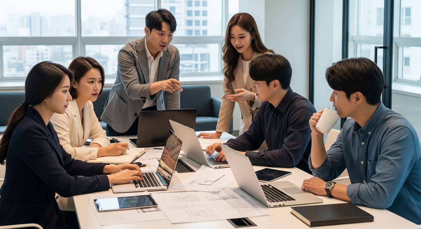 현대적 오피스 환경에서 협력하며 일하는 한국인들의 모습