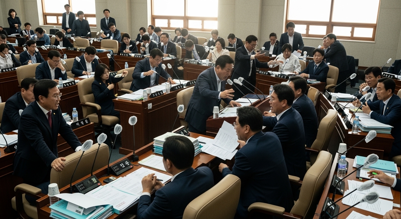 국회에서 정치인들이 열띤 토론을 벌이는 장면