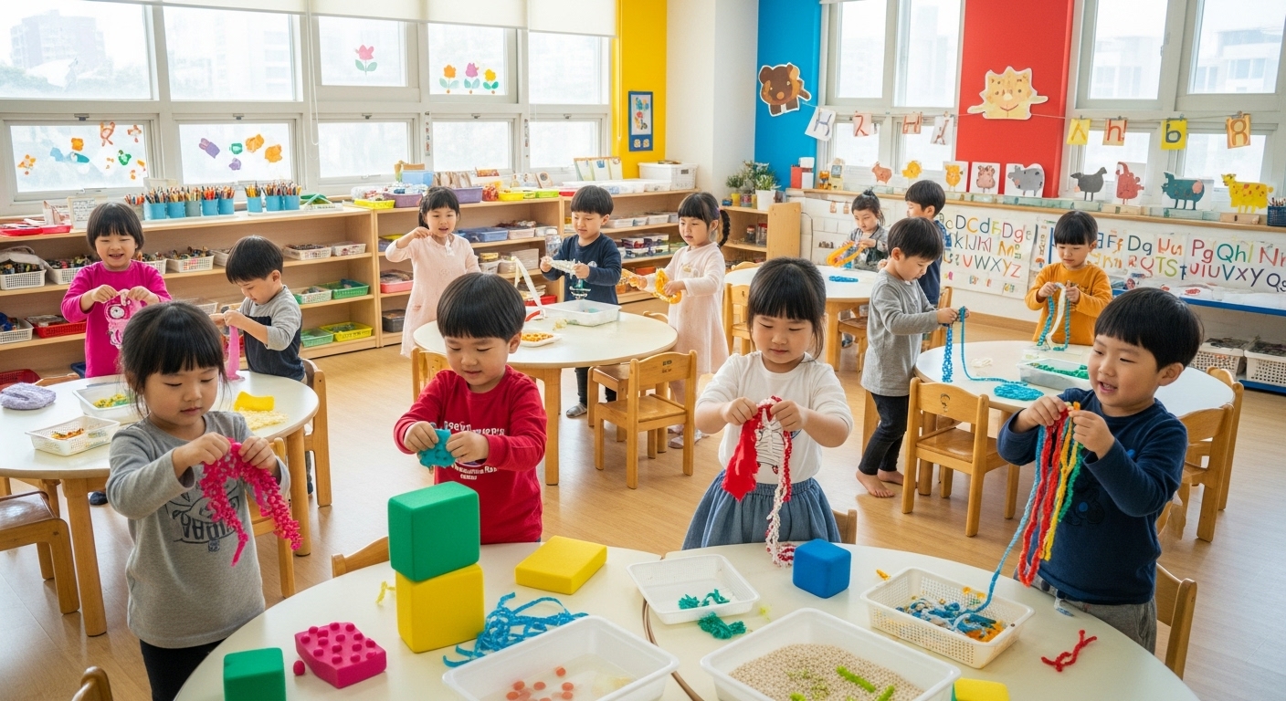 한국 유치원 아이들이 다양한 색상의 교실에서 찢는 장난감을 이용한 감각 발달 프로그램에 참여하는 모습