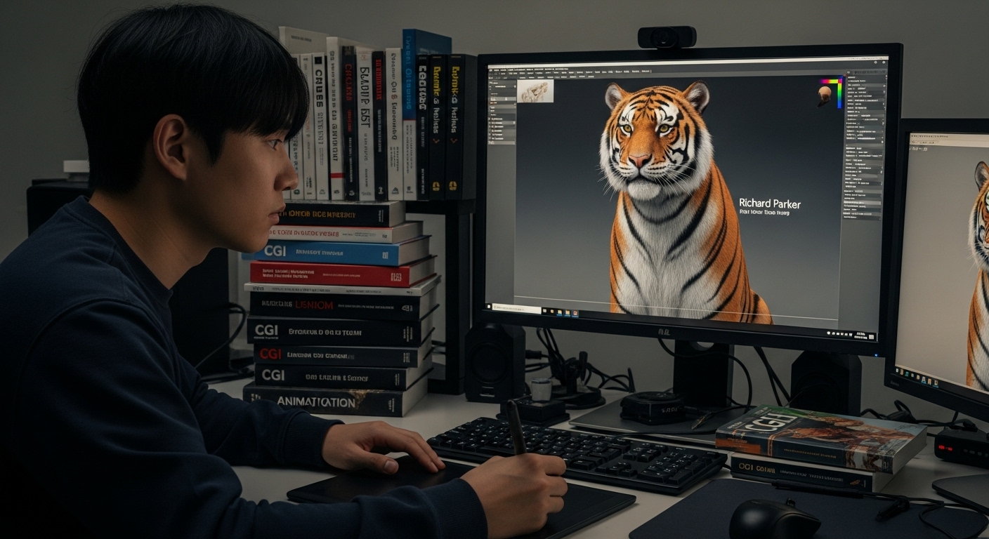 CGI 기법을 연구하는 한국 학생이 리처드 파커 모델을 모니터로 보는 모습