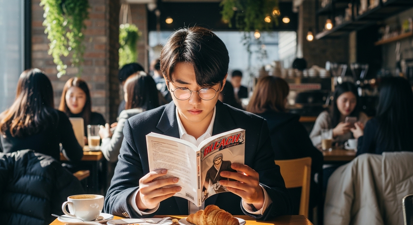 카페에서 블리치 만화를 읽으며 스토리에 몰입하고 있는 한국 학생의 모습