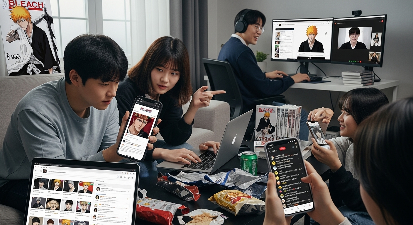 집에서 스마트폰과 컴퓨터를 통해 온라인 팬 커뮤니티에 참여하여 열정적으로 블리치를 논의하는 젊은 한국인들