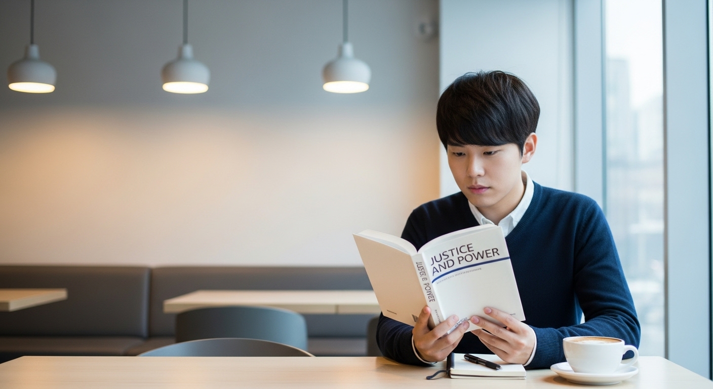 현대 카페에서 철학 서적을 읽고 있는 대학생의 사색적인 모습
