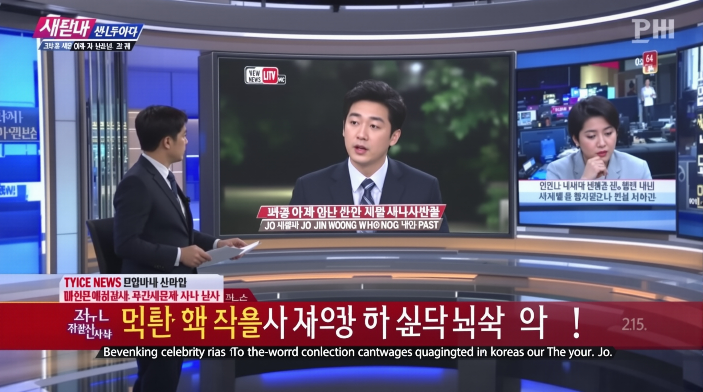 현대적인 뉴스 스튜디오에서 조진웅의 과거에 관한 속보를 전하는 뉴스 앵커