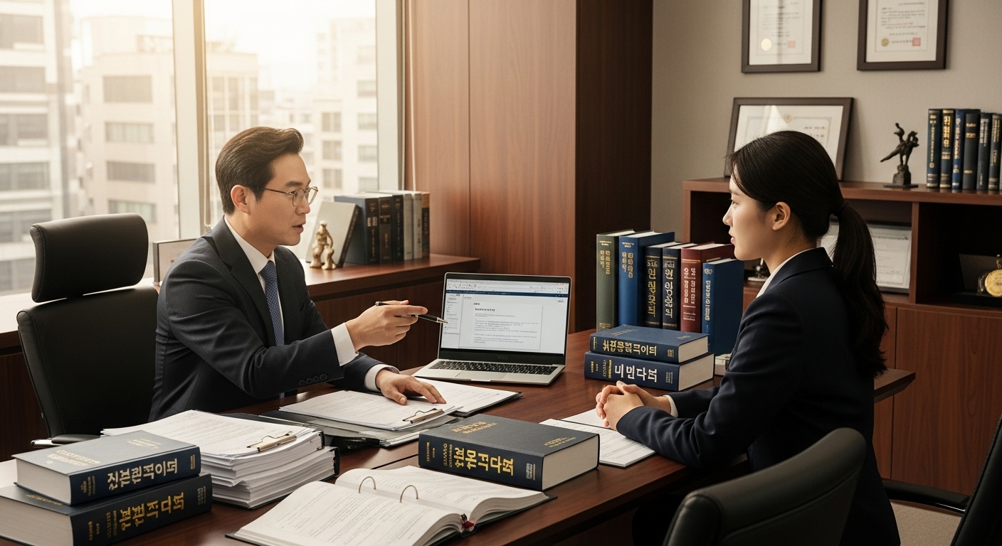 법률 서류와 책이 놓인 사무실에서 복잡한 개인정보 보호법 관련 절차를 설명하는 변호사