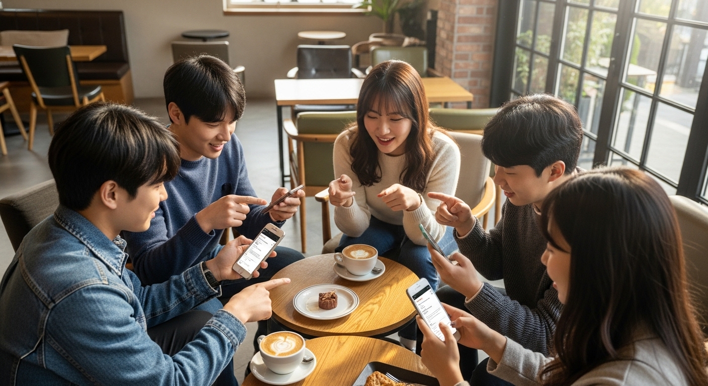 네이버와 카카오 같은 플랫폼에서 화제를 논하는 스마트폰을 든 젊은이들