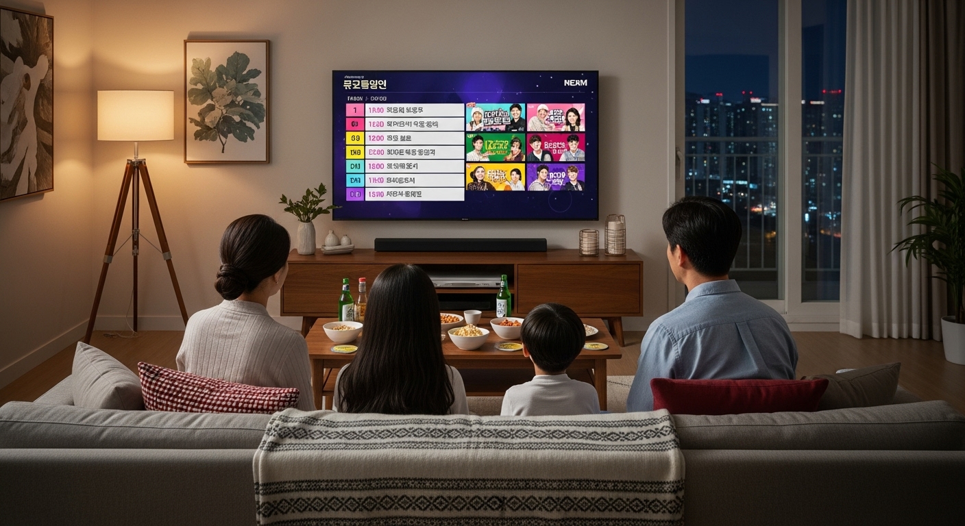 저녁에 가족이 모여서 TV로 인기 프로그램의 일정을 보는 장면