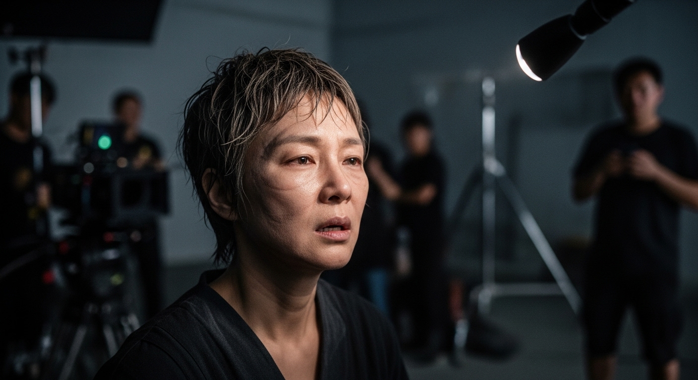짧게 깎은 헤어스타일과 창백한 메이크업으로 강렬한 역할 변신을 보여주는 여배우