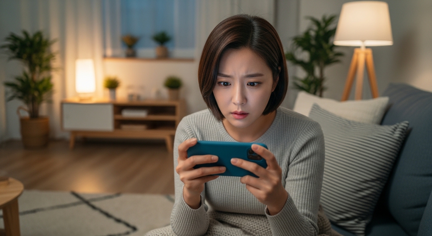 현대적인 거실에서 스마트폰으로 드라마를 집중해서 보는 젊은 여성