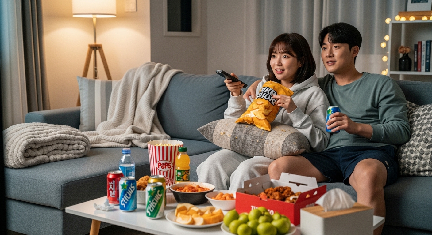 소파에 앉아 간식을 준비하고 좋아하는 드라마를 몰아보는 젊은 커플