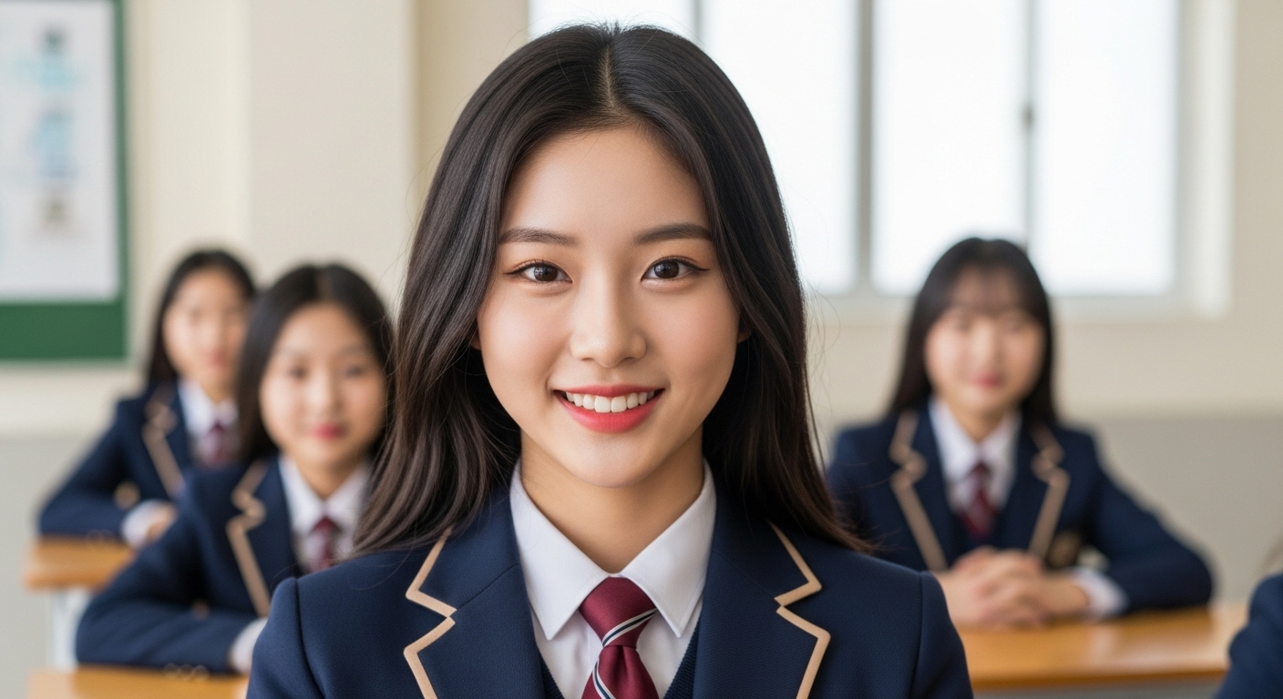 교복을 입고 환한 미소를 짓고 있는 소녀의 모습