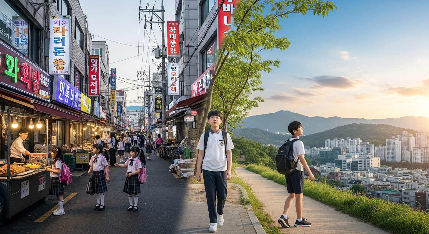 부산 남포동과 경상남도 양산시 풍경 변화 묘사