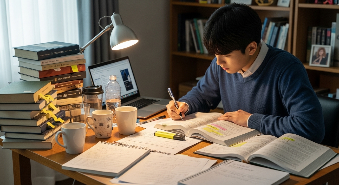 책상에 앉아 공부하는 모습과 시간 관리 능력을 보여주는 학생