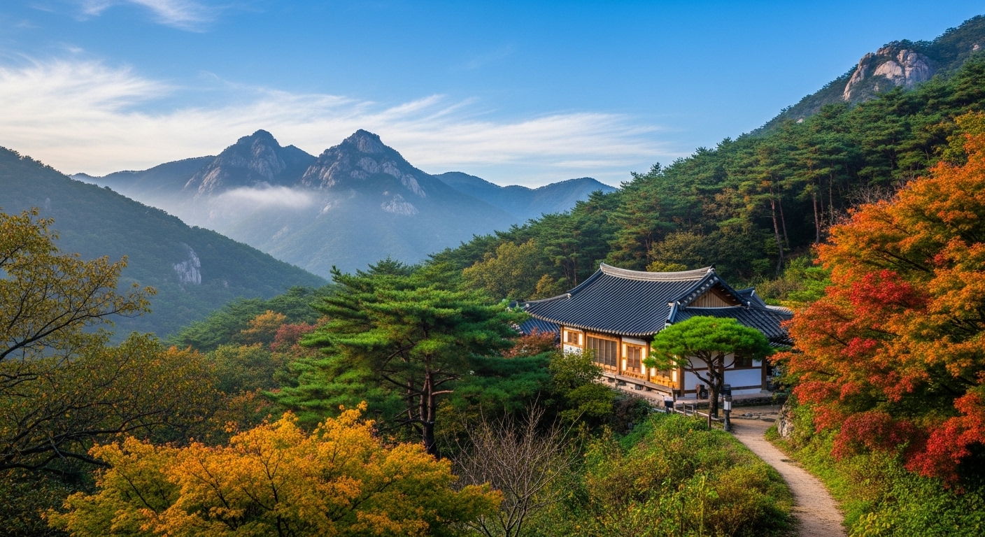 맑은 하늘 아래 산과 나무로 둘러싸인 속초의 추양하우스 전경