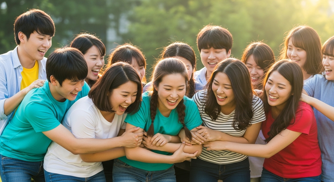 학생들이 야외에서 협력하며 '인간 매듭 풀기' 게임을 하는 활기찬 모습