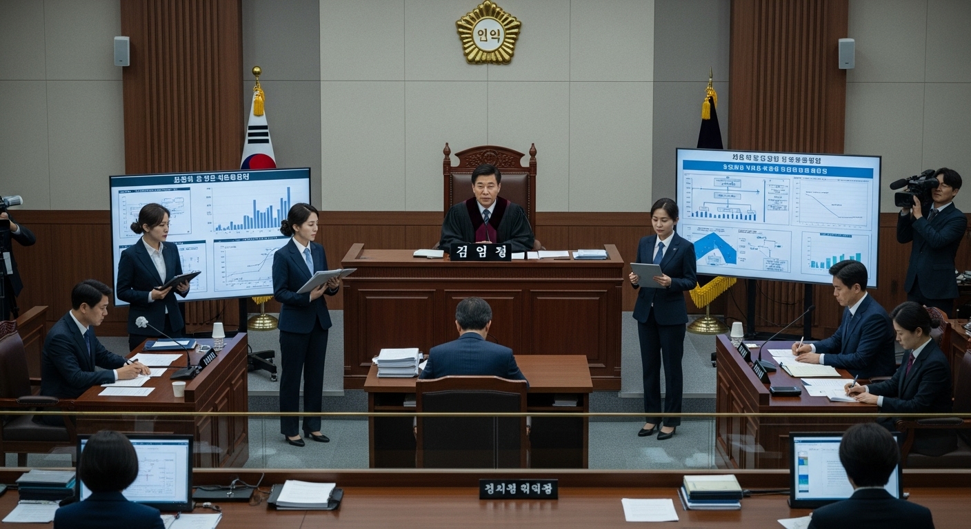 기업 사기 사건에 대한 판결을 내리는 한국 법정의 모습