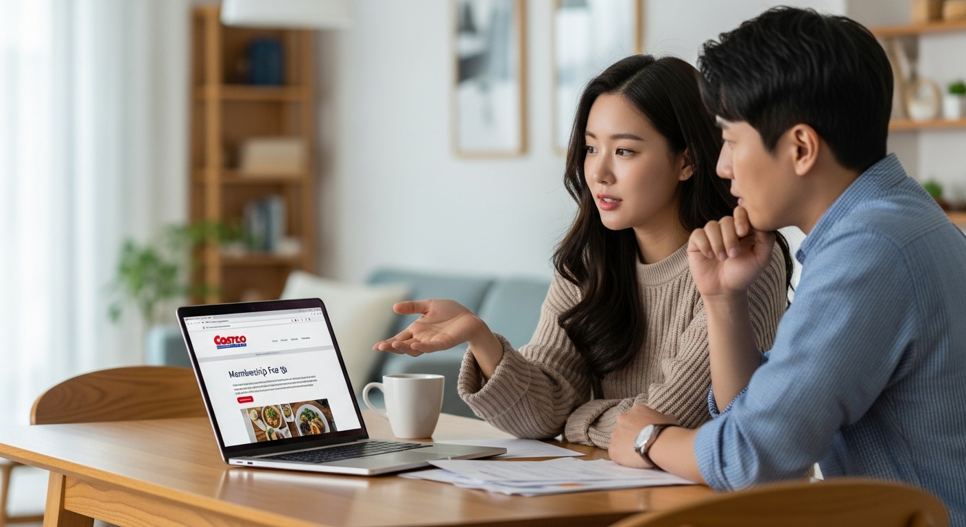 집에서 노트북을 통해 코스트코 공식 웹사이트를 보며 연회비 인상을 논의하는 한국 커플