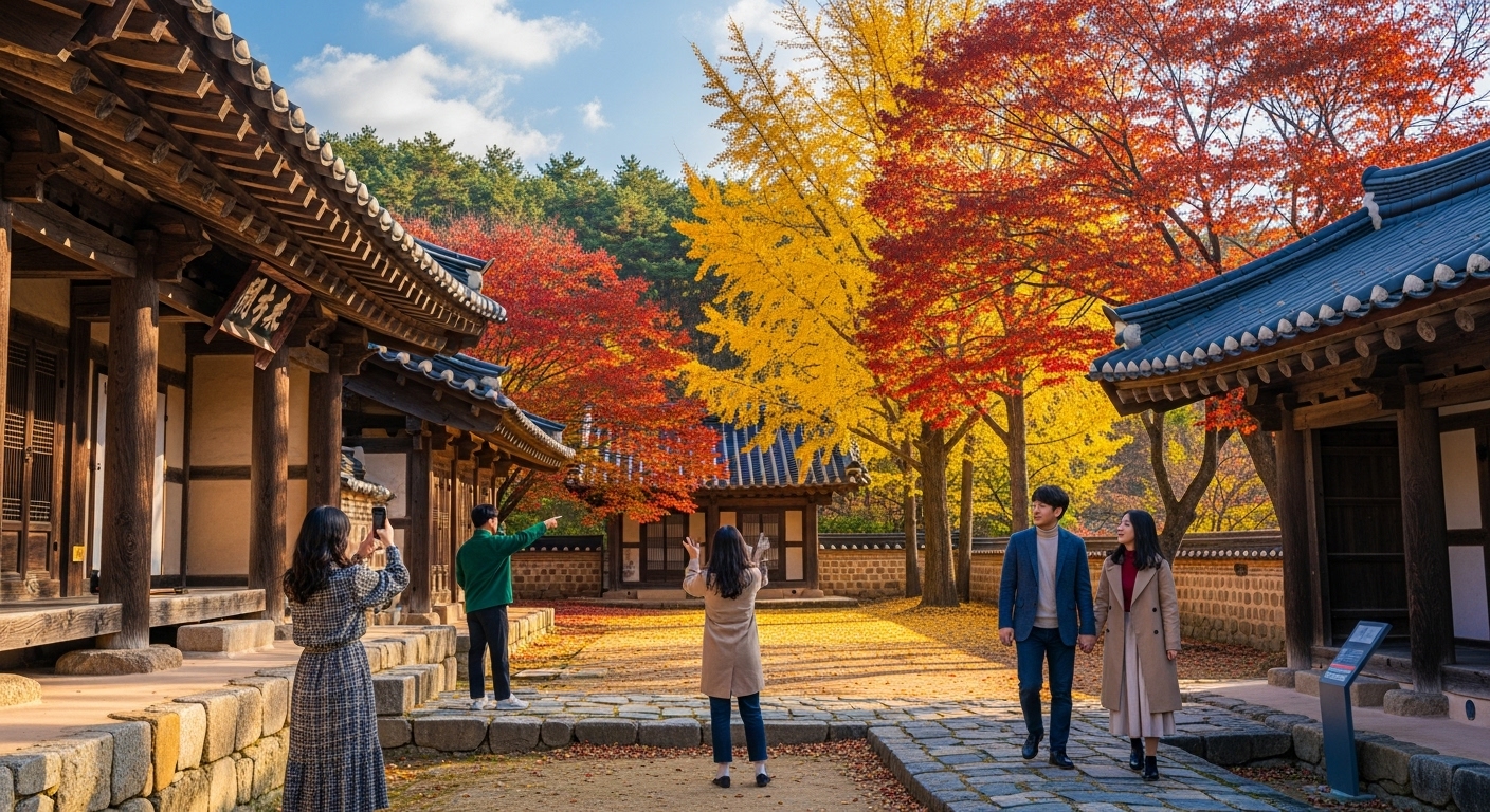 현대 한국인들이 가을 단풍이 아름다운 소수서원을 탐방하는 모습