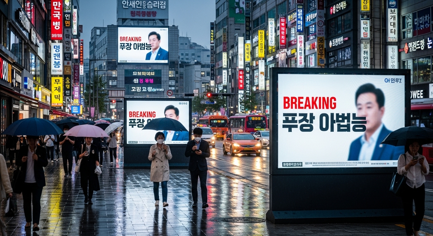 도심 거리에서 사람들이 공공 디지털 화면의 스캔들 뉴스를 읽는 장면