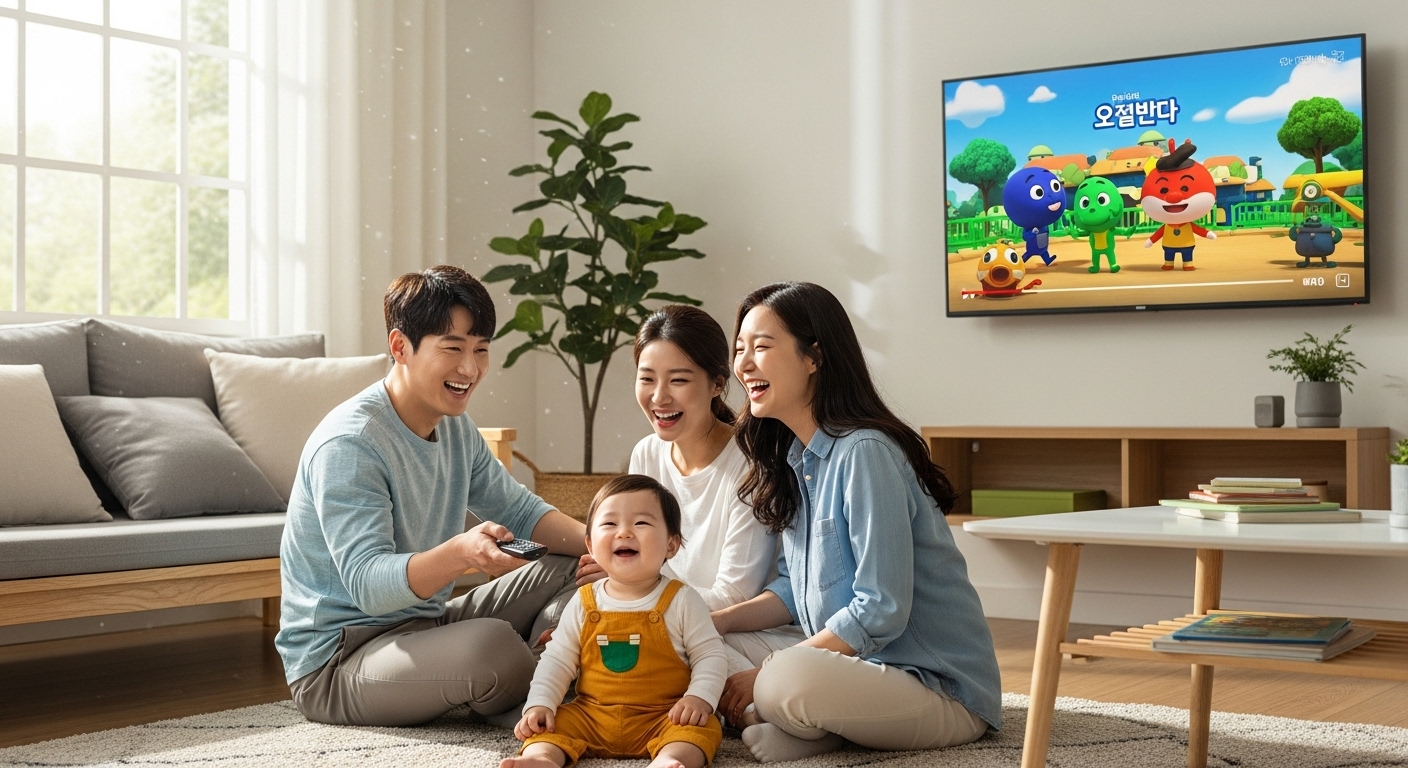 거실에서 스마트 TV로 영상을 시청 중인 가족
