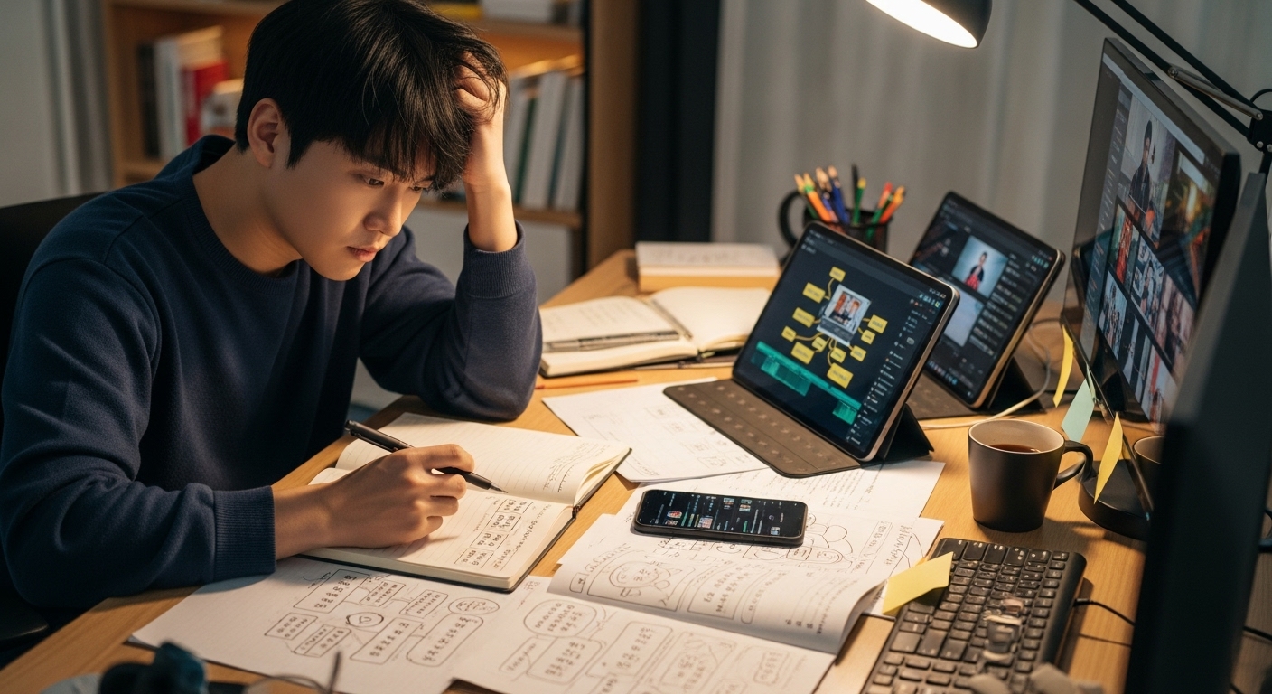 책상에 앉아 다양한 메모와 디지털 도구로 아이디어를 구상 중인 콘텐츠 제작자