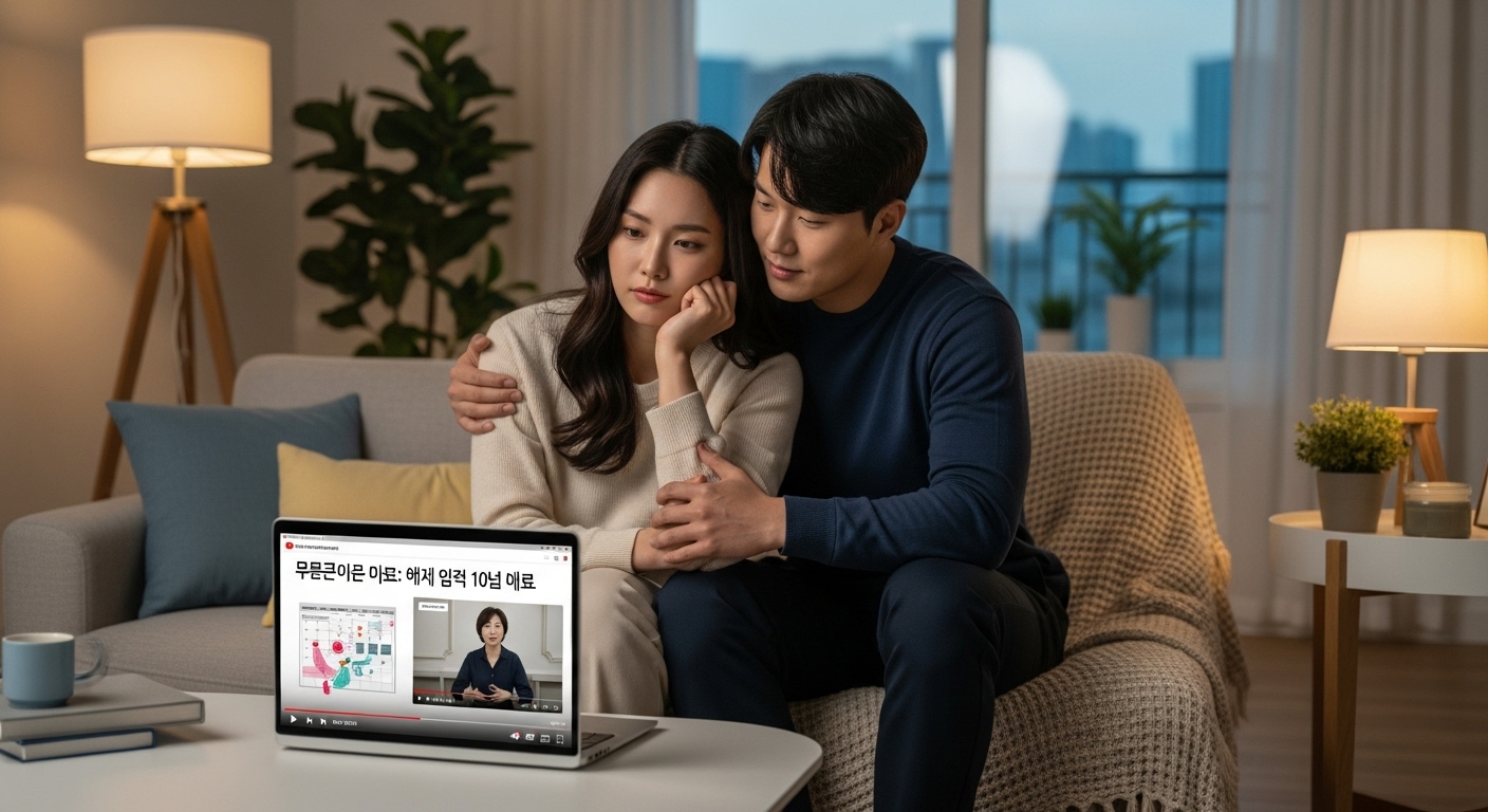 현대적인 거실에서 노트북으로 임신 관련 유튜브 콘텐츠를 시청하는 젊은 커플