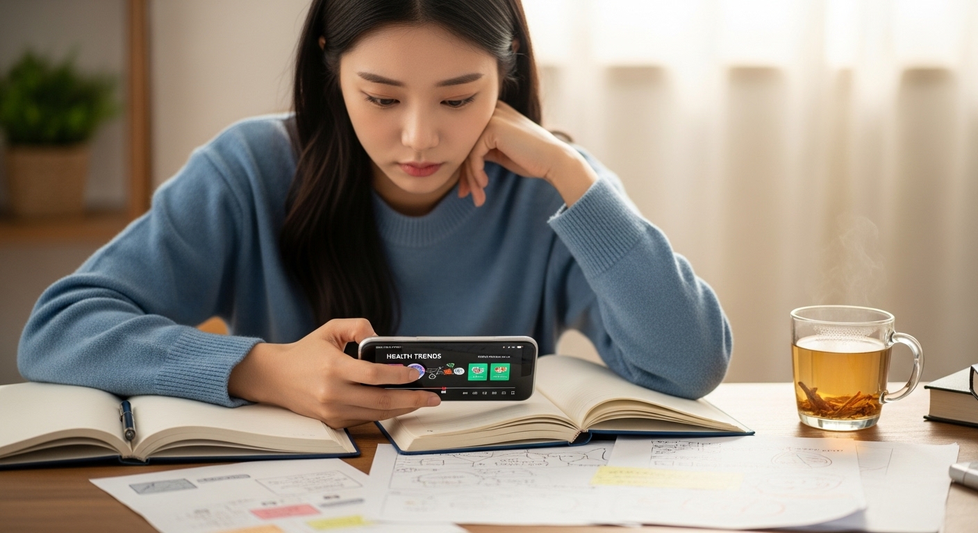스마트폰으로 건강 트렌드를 공부하며 메모를 하는 여성의 모습