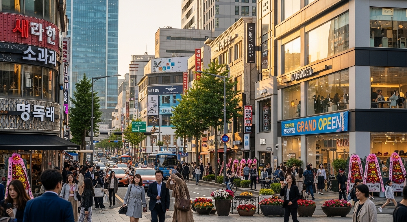 활기찬 현대적 한국 쇼핑가에서 새 매장이 오픈하는 모습
