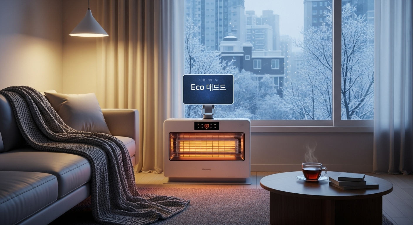 겨울철 아파트 내부에서 에코 모드로 작동 중인 세련된 컨벡션 히터와 따뜻한 조명