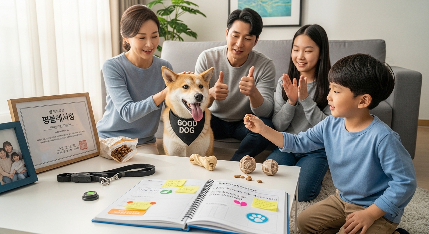 훈련 도구와 일지를 사용해 강아지 행동 개선을 기뻐하는 가족