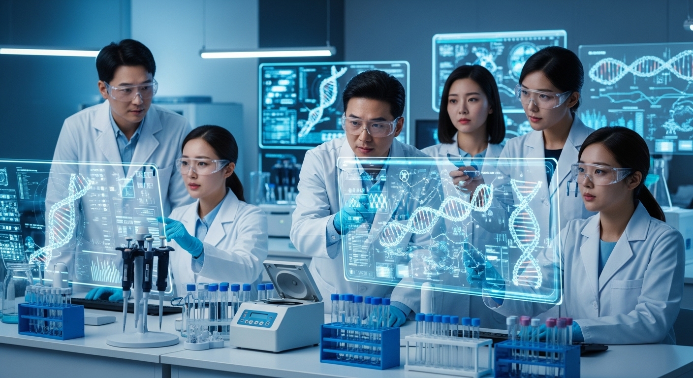 DNA 분석 중인 한국 과학자들과 첨단 실험실 환경
