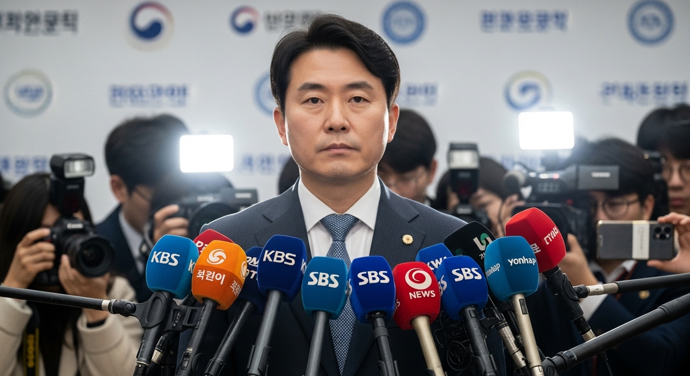 한국의 한 고등학교 교사가 공식적인 자리에서 대중과 언론의 주목을 받고 있는 모습