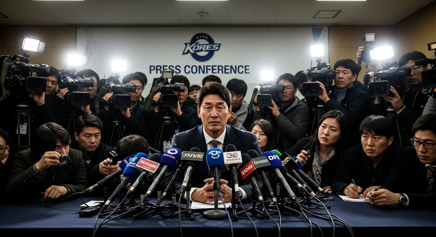 기자 회견장에서 카메라와 마이크에 둘러싸여 있는 긴장된 모습의 야구 감독