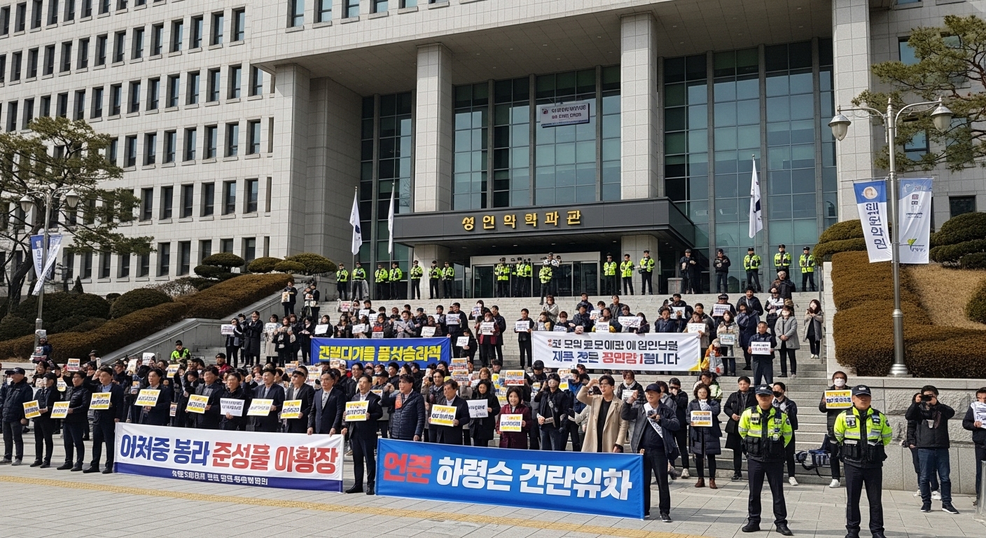 정의와 아동 보호를 요구하는 시위대가 있는 법원 외부 모습
