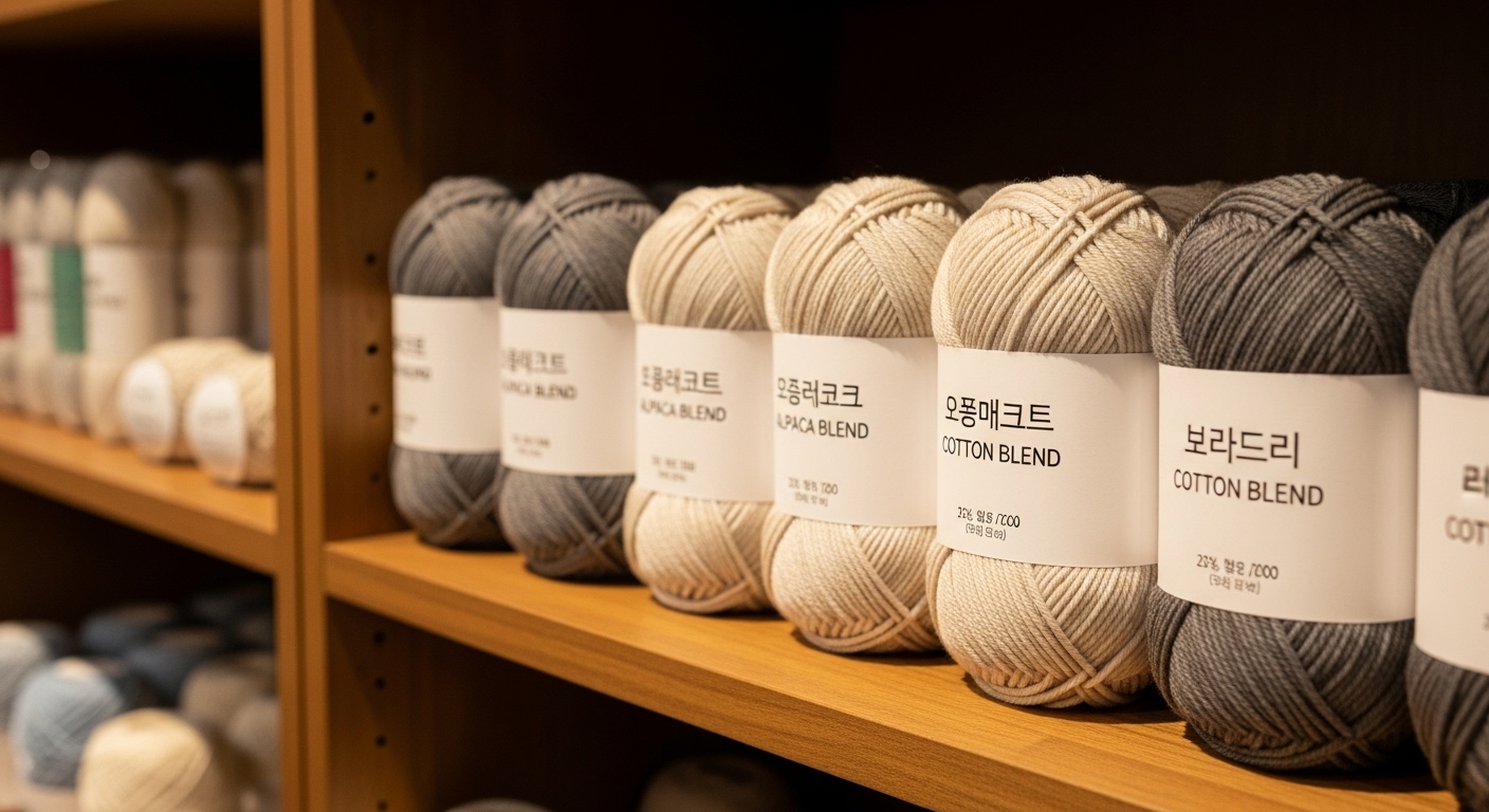 한국 공예점의 나무 선반에 알파카 혼방 실 등 다양한 실이 진열된 모습