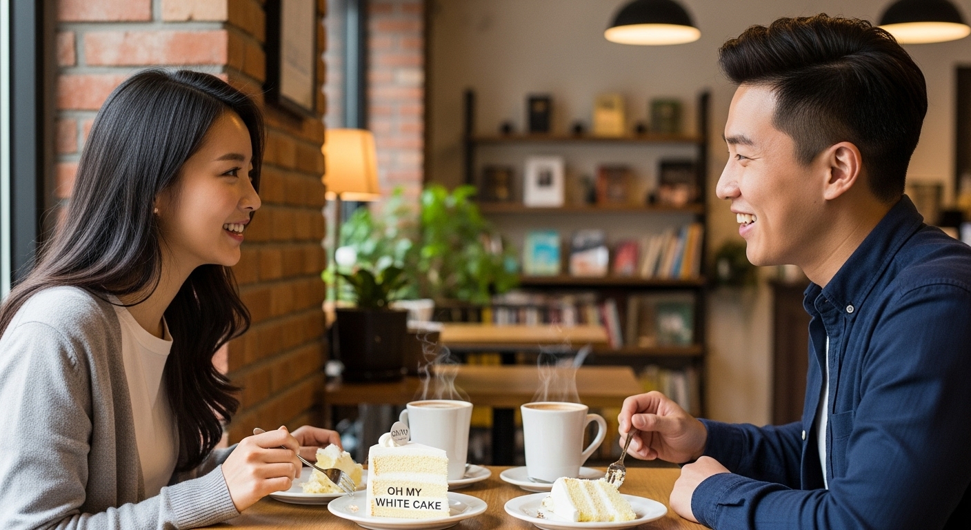 아늑한 카페에서 오! 마이 화이트 케이크를 즐기는 젊은 커플의 모습