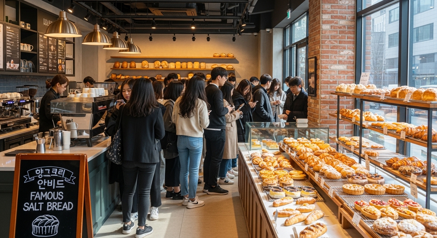 서울의 현대적인 빵집 앞에서 많은 젊은이들이 줄을 서서 기다리는 활기찬 장면