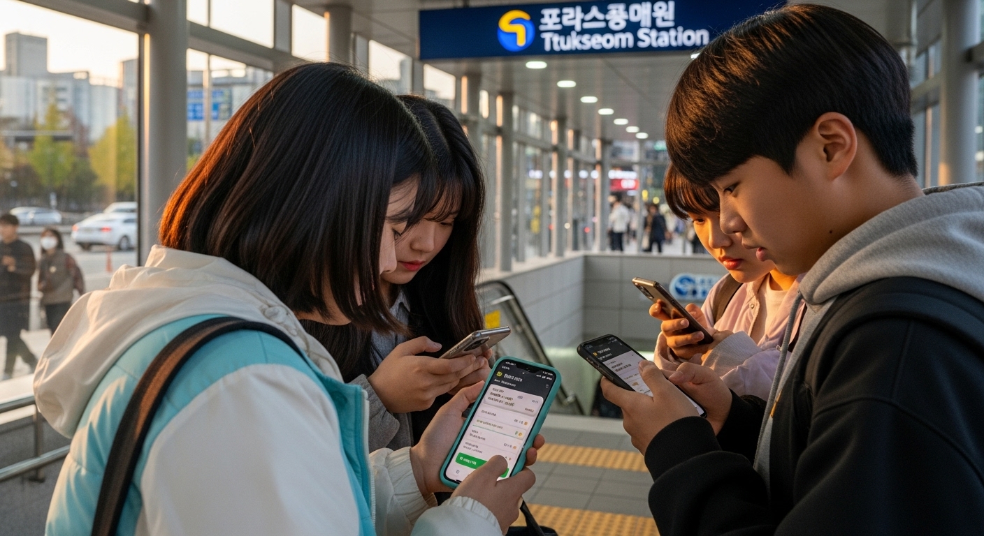 한국 청소년들이 스마트폰으로 실시간 정보를 확인하며 뚝섬역 출구 근처에 있는 모습