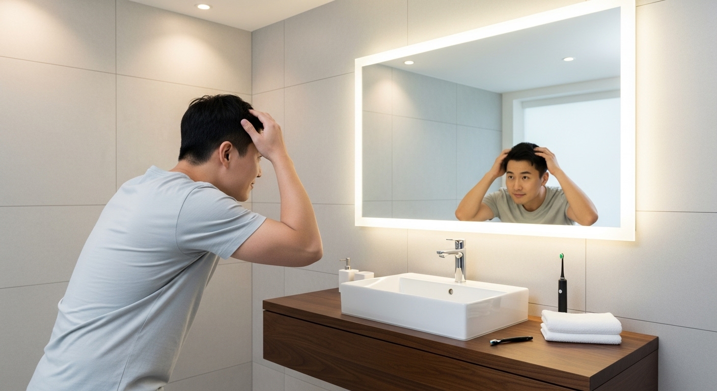 현대적인 욕실에서 두피를 확인하며 안도감을 느끼는 남성