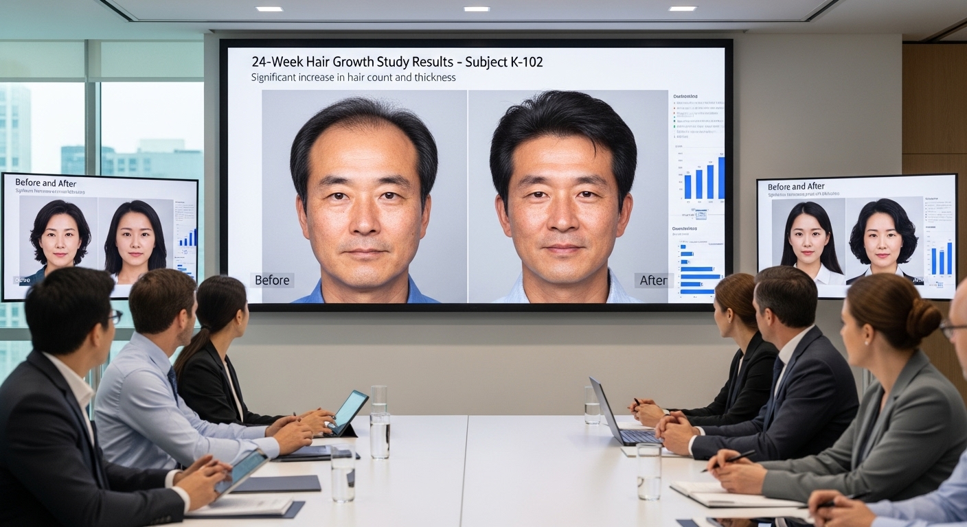 디지털 화면에 나타난 눈에 띄는 모발 성장 결과를 보는 임상 시험 참가자들