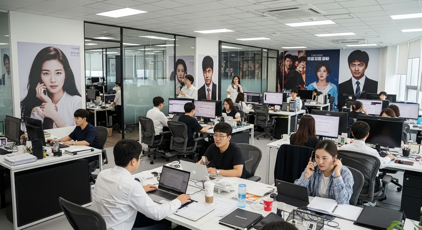 유명 배우 포스터가 걸린 현대적인 한국 엔터테인먼트 회사의 사무실