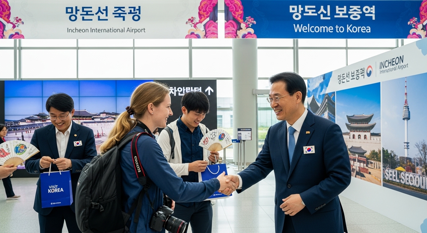 인천공항 환영 행사에서 외국인 관광객들과 친근하게 대화하는 한국 관계자들