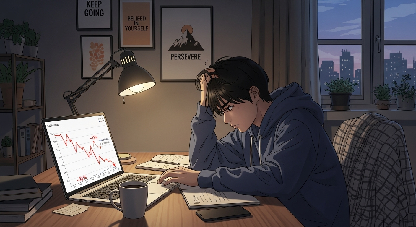 뷰 수 감소를 보며 좌절한 모습의 젊은 창작자