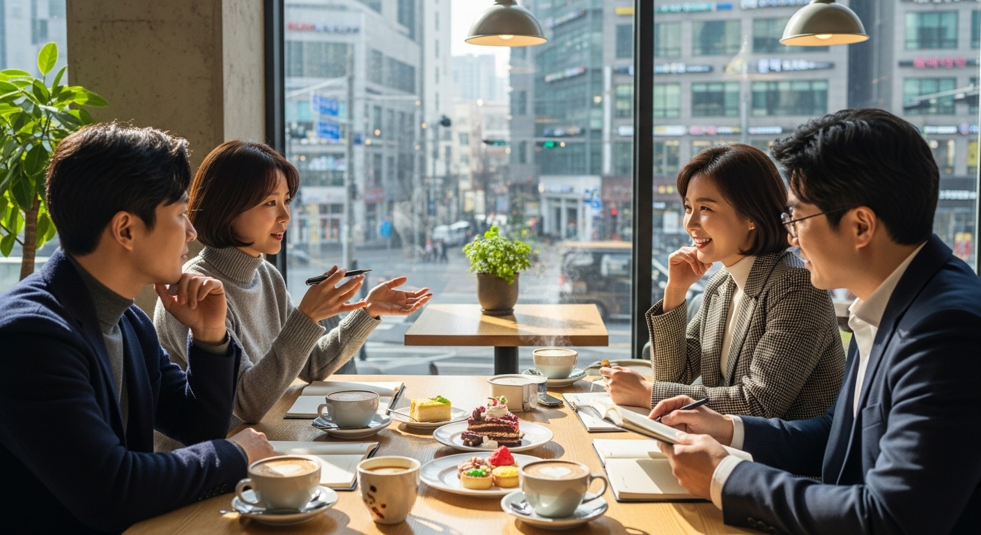 강남 카페에서 교육 전략을 논의하는 부모들