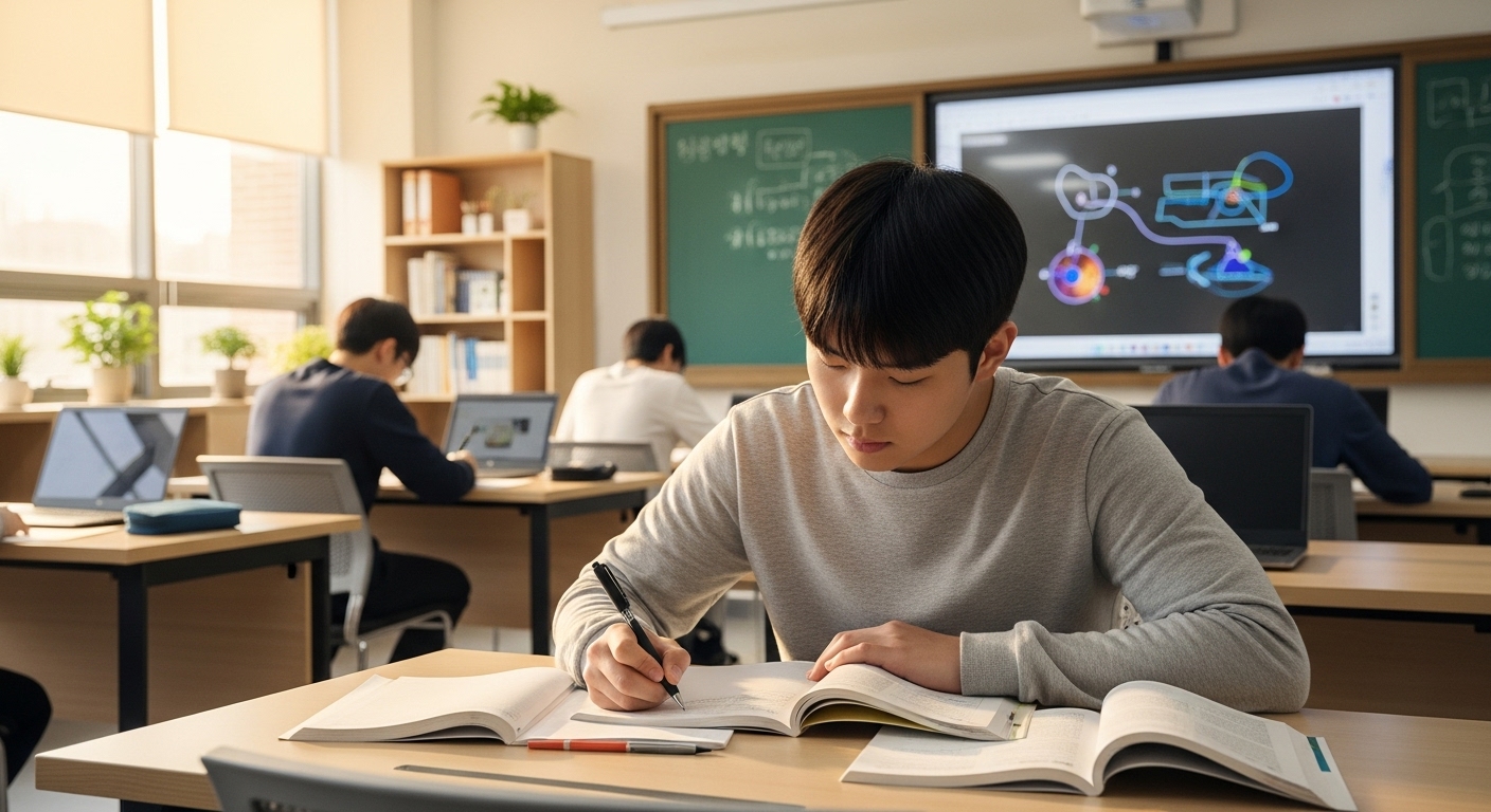 첨단 기술이 갖춰진 교실에서 공부하는 학생